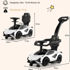 3-in-1 Lamborghini Rutschauto Schiebauto mit Scheinwerfern & Musik & Stauraum Weiß/Schwarz/Rosa