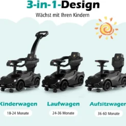 3-in-1 Lamborghini Rutschauto Schiebauto mit Scheinwerfern & Musik & Stauraum Weiß/Schwarz/Rosa
