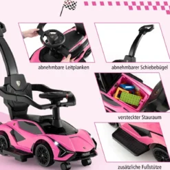 3-in-1 Lamborghini Rutschauto Schiebauto mit Scheinwerfern & Musik & Stauraum Weiß/Schwarz/Rosa