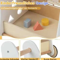 7 in 1 Lauflernhilfe aus Holz mit Spielbrett & Spiegel & Bauklötzen & Aufbewahrungsbox Lauflernwagen