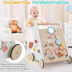 7 in 1 Lauflernhilfe aus Holz mit Spielbrett & Spiegel & Bauklötzen & Aufbewahrungsbox Lauflernwagen