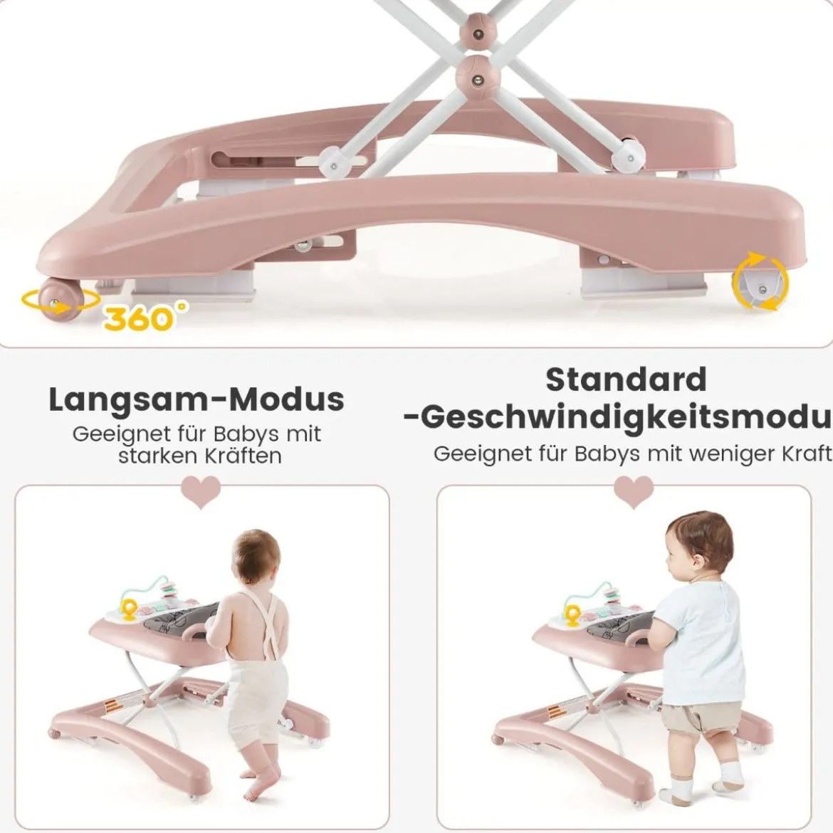 3 in 1 Lauflernhilfe klappbar Lauflernwagen mit verstellbarer Höhen & Geschwindigkeit Schwarz/Grau/Rosa