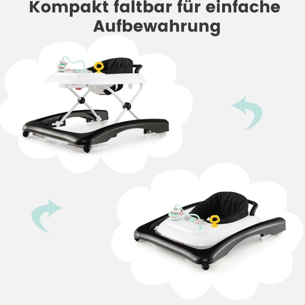 3 in 1 Lauflernhilfe klappbar Lauflernwagen mit verstellbarer Höhen & Geschwindigkeit Schwarz/Grau/Rosa