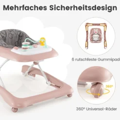 3 in 1 Lauflernhilfe klappbar Lauflernwagen mit verstellbarer Höhen & Geschwindigkeit Schwarz/Grau/Rosa