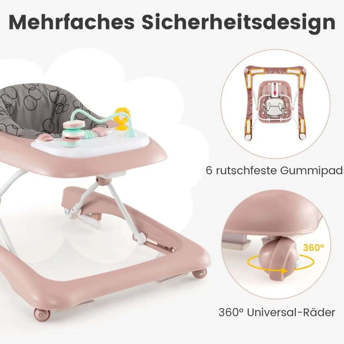 3 in 1 Lauflernhilfe klappbar Lauflernwagen mit verstellbarer Höhen & Geschwindigkeit Schwarz/Grau/Rosa