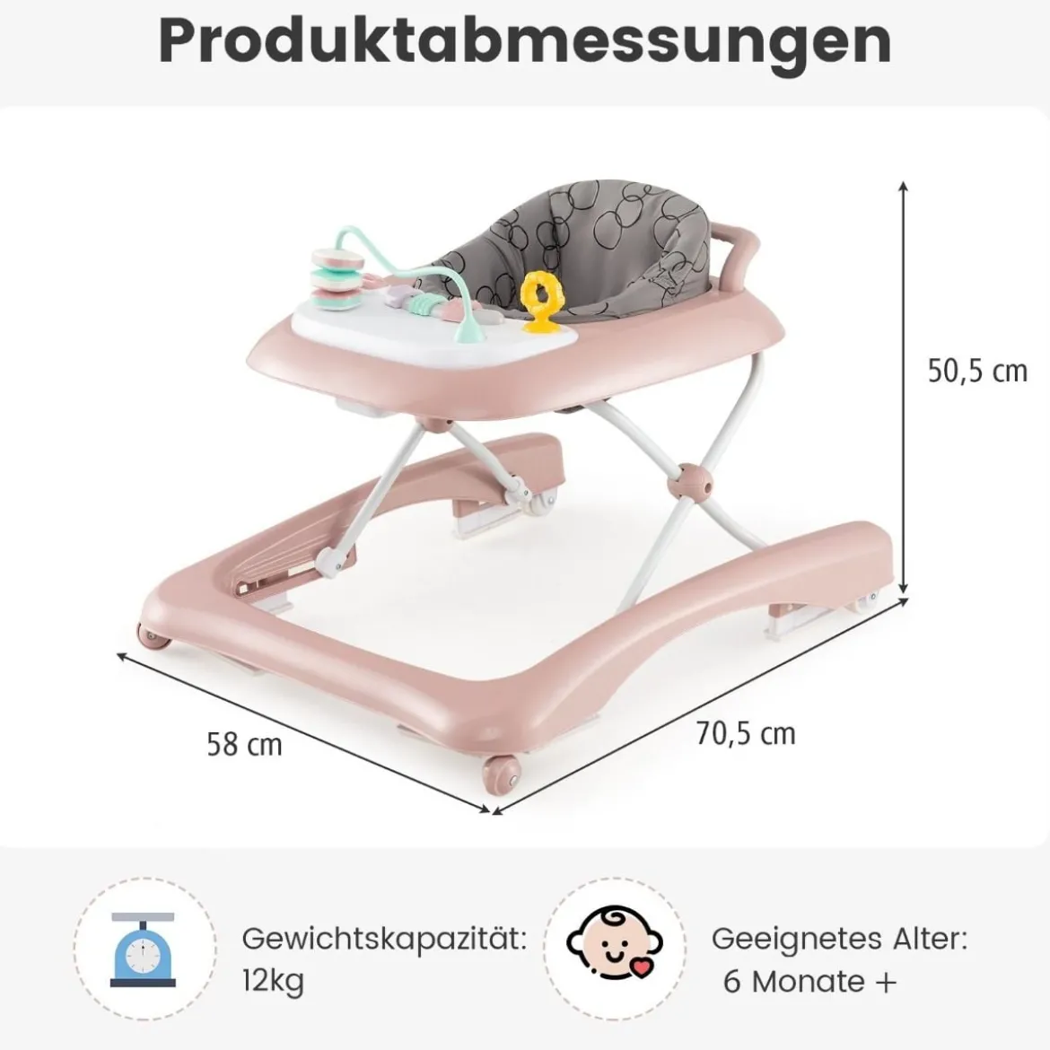 3 in 1 Lauflernhilfe klappbar Lauflernwagen mit verstellbarer Höhen & Geschwindigkeit Schwarz/Grau/Rosa