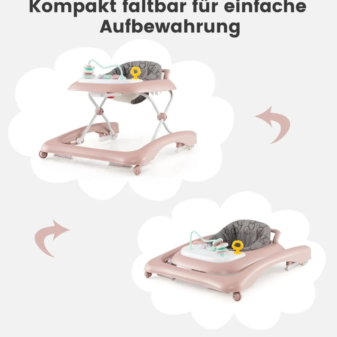 3 in 1 Lauflernhilfe klappbar Lauflernwagen mit verstellbarer Höhen & Geschwindigkeit Schwarz/Grau/Rosa