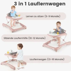 3 in 1 Lauflernhilfe klappbar Lauflernwagen mit verstellbarer Höhen & Geschwindigkeit Schwarz/Grau/Rosa