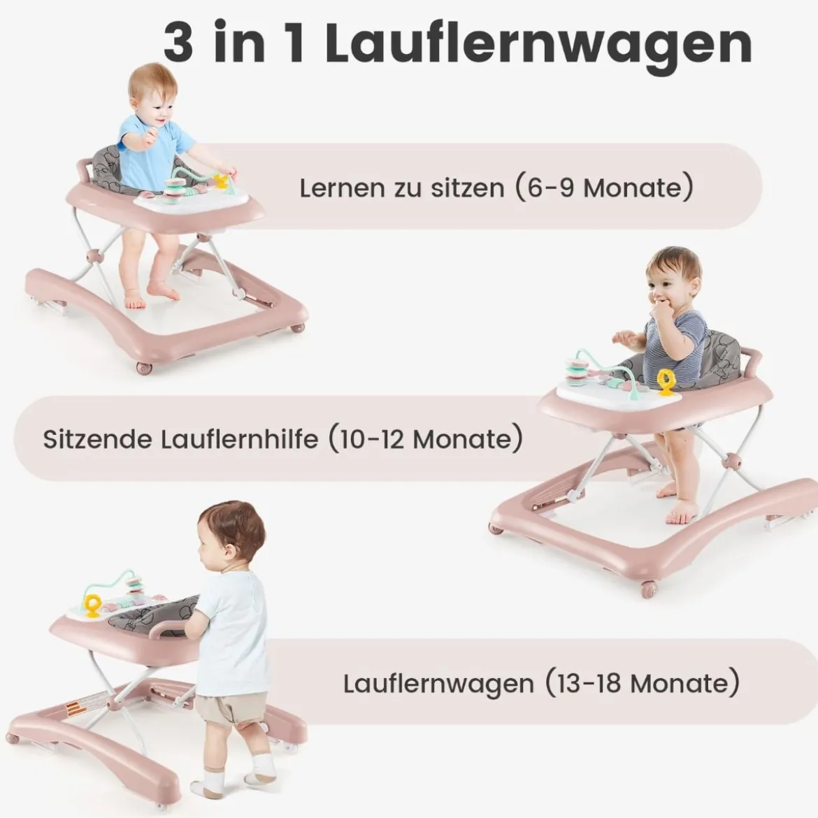 3 in 1 Lauflernhilfe klappbar Lauflernwagen mit verstellbarer Höhen & Geschwindigkeit Schwarz/Grau/Rosa