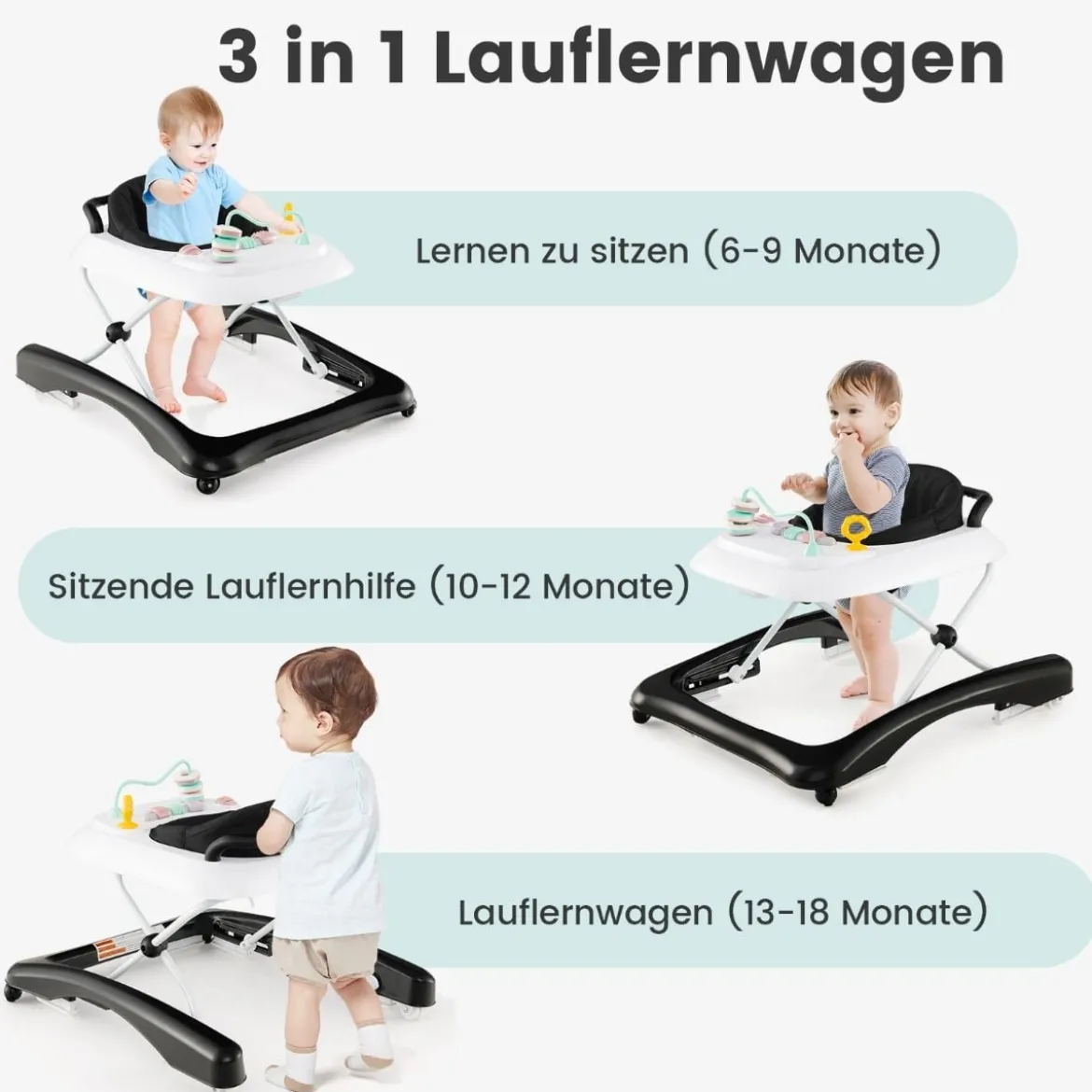 3 in 1 Lauflernhilfe klappbar Lauflernwagen mit verstellbarer Höhen & Geschwindigkeit Schwarz/Grau/Rosa