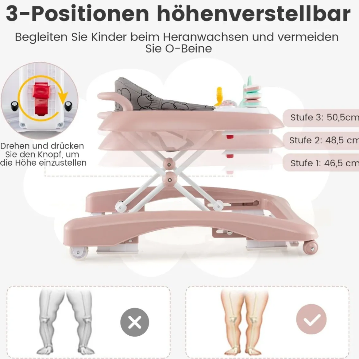 3 in 1 Lauflernhilfe klappbar Lauflernwagen mit verstellbarer Höhen & Geschwindigkeit Schwarz/Grau/Rosa