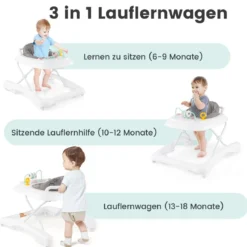3 in 1 Lauflernhilfe klappbar Lauflernwagen mit verstellbarer Höhen & Geschwindigkeit Schwarz/Grau/Rosa