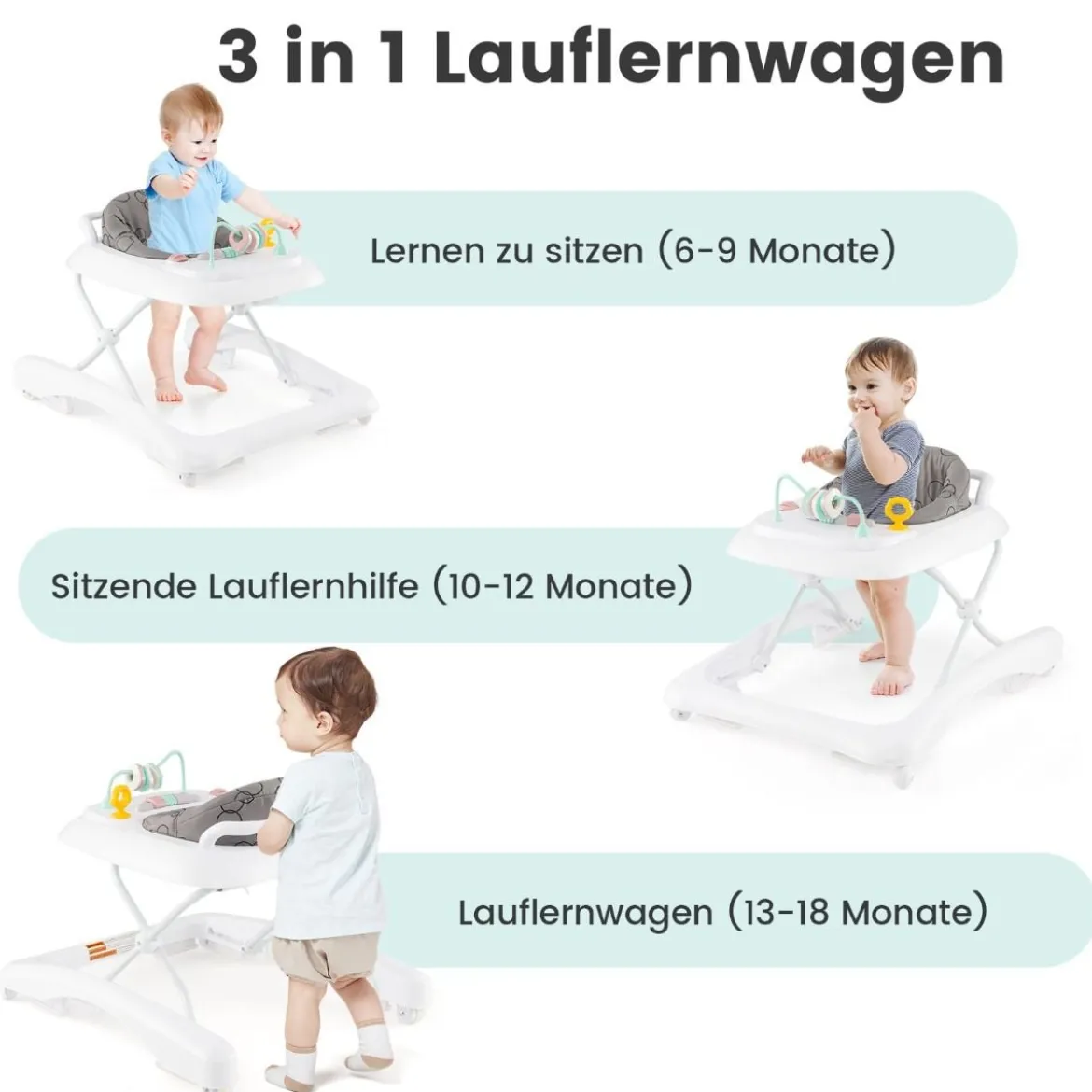 3 in 1 Lauflernhilfe klappbar Lauflernwagen mit verstellbarer Höhen & Geschwindigkeit Schwarz/Grau/Rosa