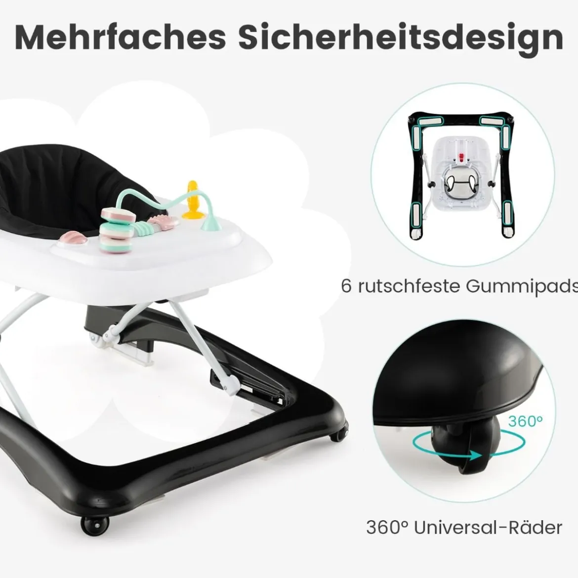 3 in 1 Lauflernhilfe klappbar Lauflernwagen mit verstellbarer Höhen & Geschwindigkeit Schwarz/Grau/Rosa