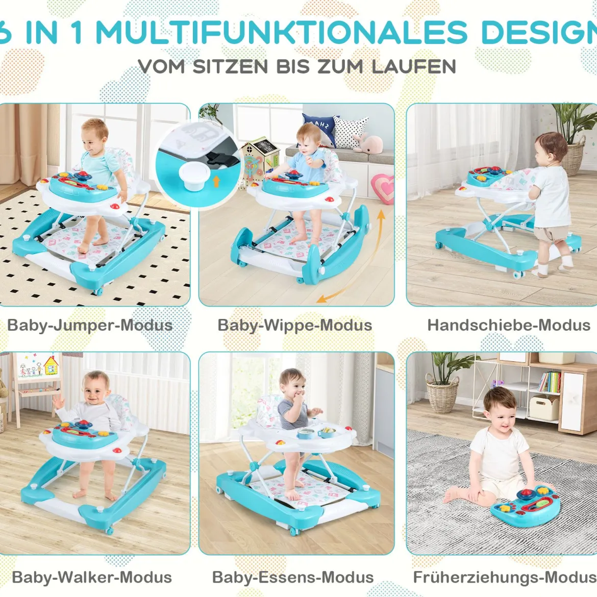 6 in 1 Lauflernhilfe Lauflernwagen mit abnehmbarem Spielboard & Fußpolster Baby Walker höhenverstellbar & klappbar Grün