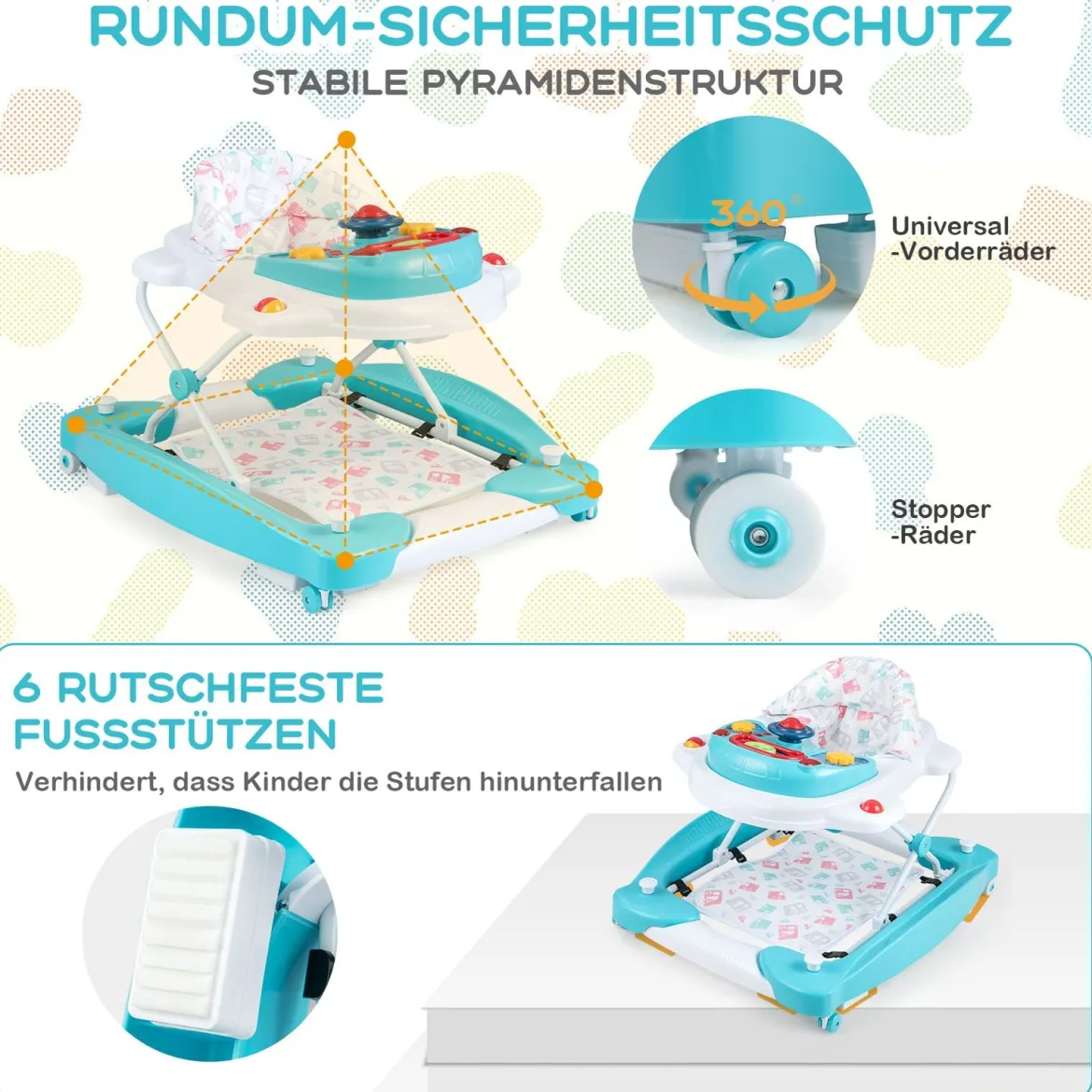 6 in 1 Lauflernhilfe Lauflernwagen mit abnehmbarem Spielboard & Fußpolster Baby Walker höhenverstellbar & klappbar Grün