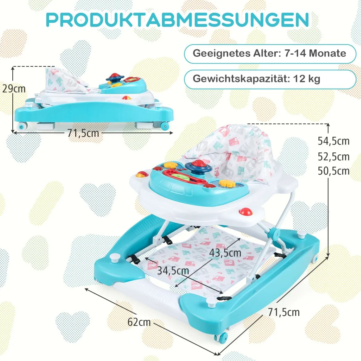 6 in 1 Lauflernhilfe Lauflernwagen mit abnehmbarem Spielboard & Fußpolster Baby Walker höhenverstellbar & klappbar Grün