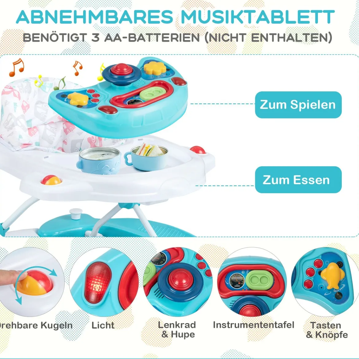 6 in 1 Lauflernhilfe Lauflernwagen mit abnehmbarem Spielboard & Fußpolster Baby Walker höhenverstellbar & klappbar Grün