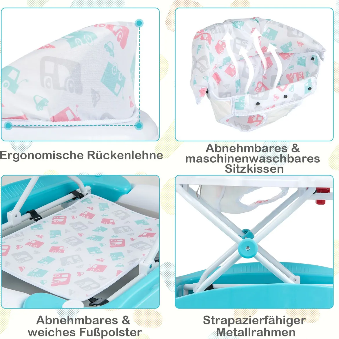 6 in 1 Lauflernhilfe Lauflernwagen mit abnehmbarem Spielboard & Fußpolster Baby Walker höhenverstellbar & klappbar Grün