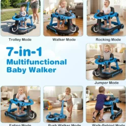 7 in 1 Lauflernhilfe mit Verdeck & Einstellbarer Höhe & Geschwindigkeit Klappbare Lauflerwagen Blau