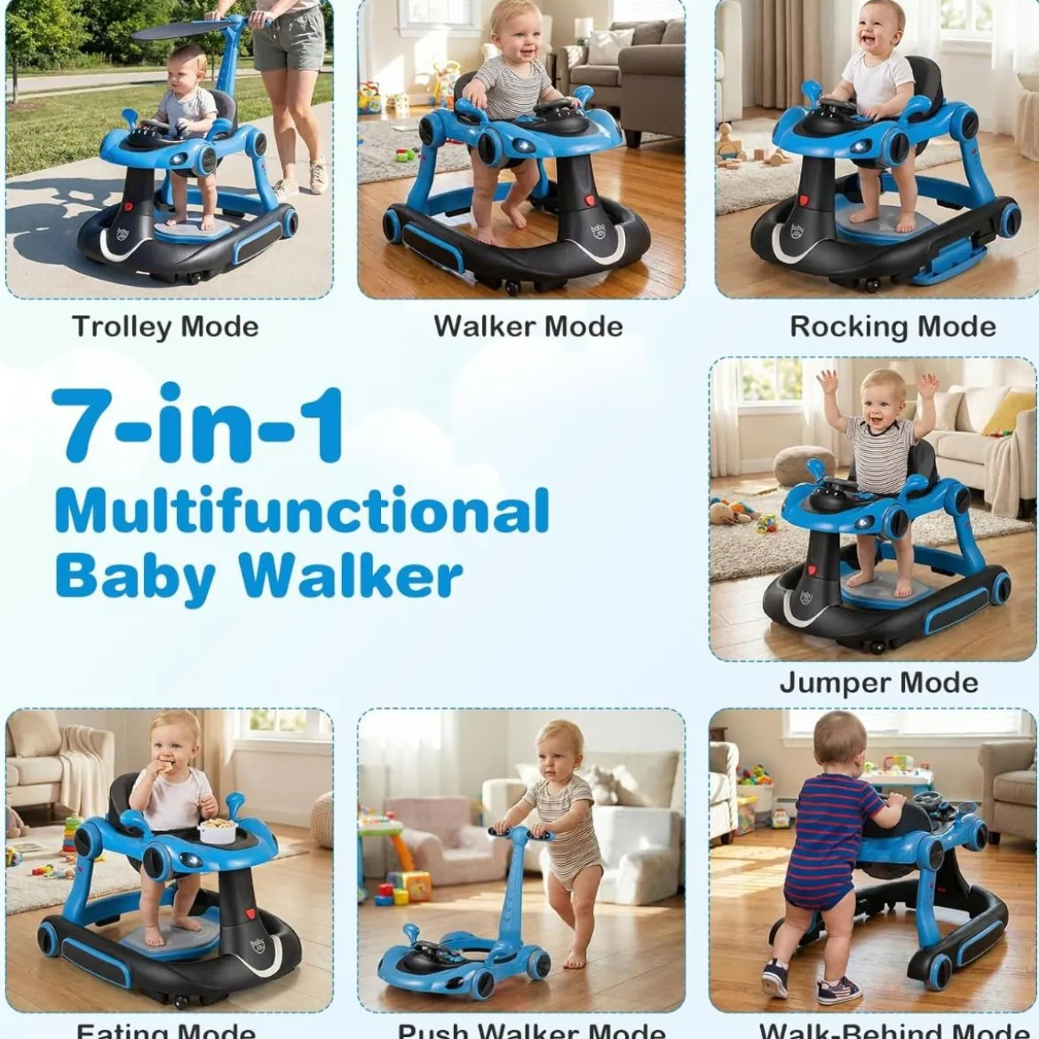 7 in 1 Lauflernhilfe mit Verdeck & Einstellbarer Höhe & Geschwindigkeit Klappbare Lauflerwagen Blau