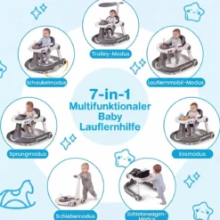 7 in 1 Lauflernhilfe mit Verdeck & Einstellbarer Höhe & Geschwindigkeit Klappbare Lauflerwagen Grau