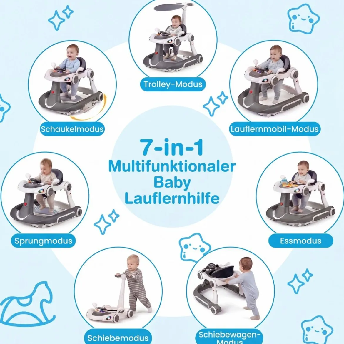 7 in 1 Lauflernhilfe mit Verdeck & Einstellbarer Höhe & Geschwindigkeit Klappbare Lauflerwagen Grau