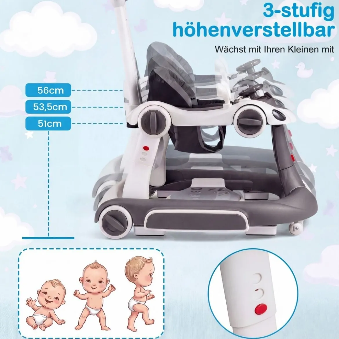 7 in 1 Lauflernhilfe mit Verdeck & Einstellbarer Höhe & Geschwindigkeit Klappbare Lauflerwagen Grau
