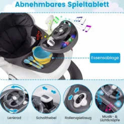 7 in 1 Lauflernhilfe mit Verdeck & Einstellbarer Höhe & Geschwindigkeit Klappbare Lauflerwagen Grau