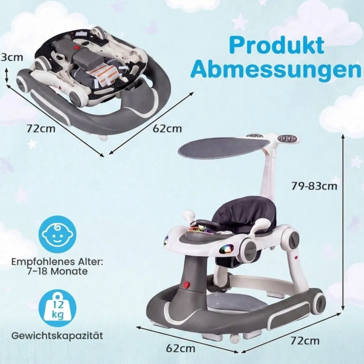 7 in 1 Lauflernhilfe mit Verdeck & Einstellbarer Höhe & Geschwindigkeit Klappbare Lauflerwagen Grau
