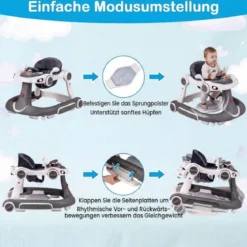 7 in 1 Lauflernhilfe mit Verdeck & Einstellbarer Höhe & Geschwindigkeit Klappbare Lauflerwagen Grau