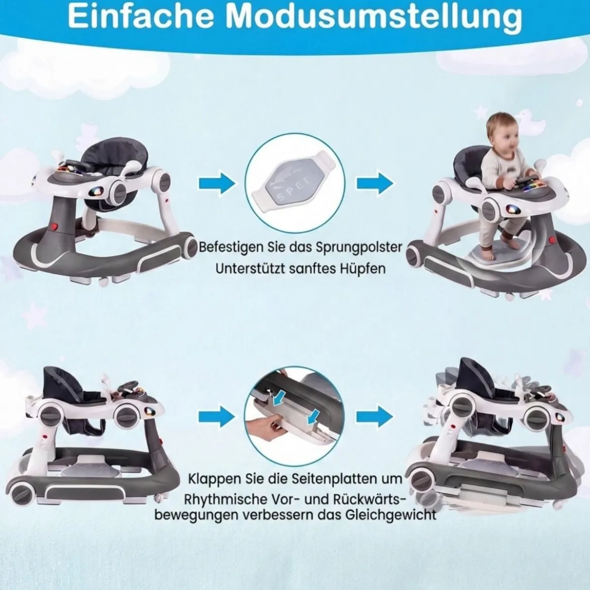 7 in 1 Lauflernhilfe mit Verdeck & Einstellbarer Höhe & Geschwindigkeit Klappbare Lauflerwagen Grau