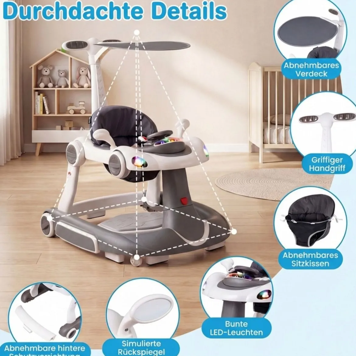 7 in 1 Lauflernhilfe mit Verdeck & Einstellbarer Höhe & Geschwindigkeit Klappbare Lauflerwagen Grau