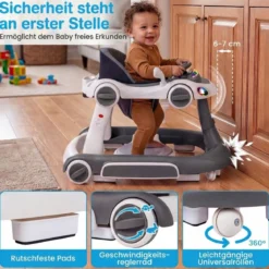 7 in 1 Lauflernhilfe mit Verdeck & Einstellbarer Höhe & Geschwindigkeit Klappbare Lauflerwagen Grau