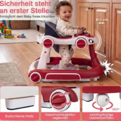7 in 1 Lauflernhilfe mit Verdeck & Einstellbarer Höhe & Geschwindigkeit Klappbare Lauflerwagen Weinrot
