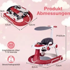 7 in 1 Lauflernhilfe mit Verdeck & Einstellbarer Höhe & Geschwindigkeit Klappbare Lauflerwagen Weinrot