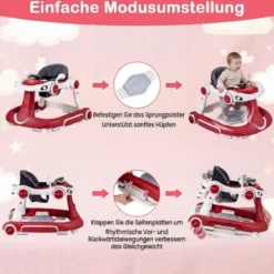 7 in 1 Lauflernhilfe mit Verdeck & Einstellbarer Höhe & Geschwindigkeit Klappbare Lauflerwagen Weinrot