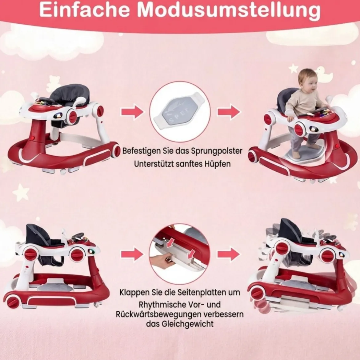 7 in 1 Lauflernhilfe mit Verdeck & Einstellbarer Höhe & Geschwindigkeit Klappbare Lauflerwagen Weinrot