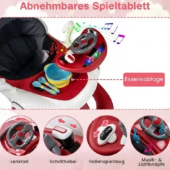 7 in 1 Lauflernhilfe mit Verdeck & Einstellbarer Höhe & Geschwindigkeit Klappbare Lauflerwagen Weinrot