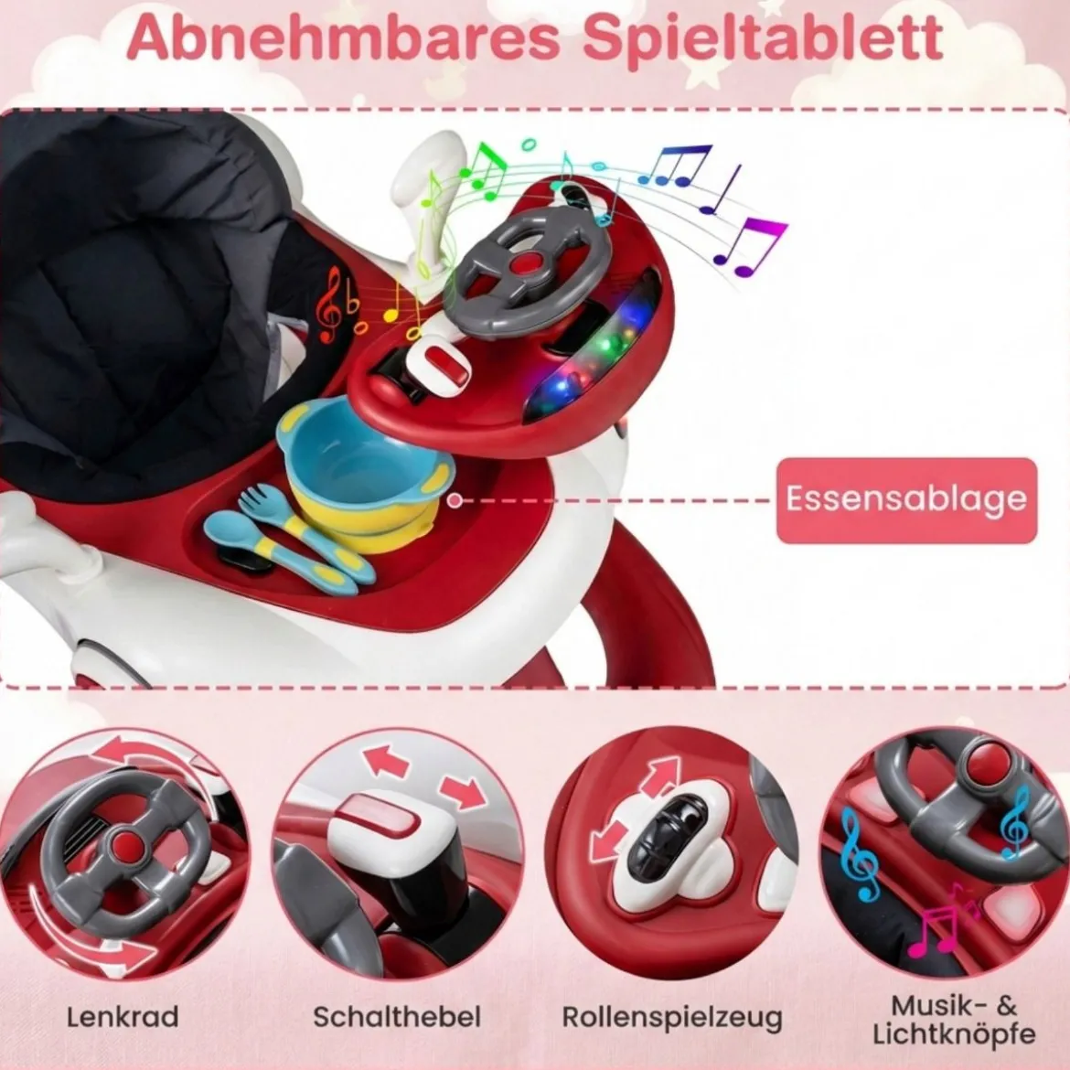 7 in 1 Lauflernhilfe mit Verdeck & Einstellbarer Höhe & Geschwindigkeit Klappbare Lauflerwagen Weinrot
