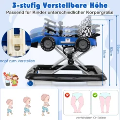 4-in-1-Lauflernwagen Gehassistent mit 3-stufig einstellbarer Höhe gepolstertem Sitz Lenkrad & Spieluhr Blau