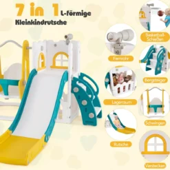 7 in 1 L-förmiges Kleinkind-Schaukel- und Rutschset freistehendes Kinderrutsch-Set mit Schaukel Gelb