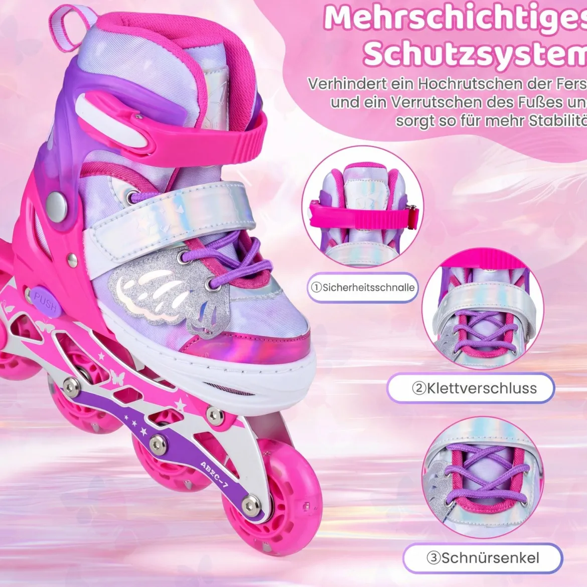 Inliner für Kinder Inline Skates 4 Größen Verstellbar Kinderrollschuhe mit Leuchtenden Rädern Blau/Rosa S/M/L