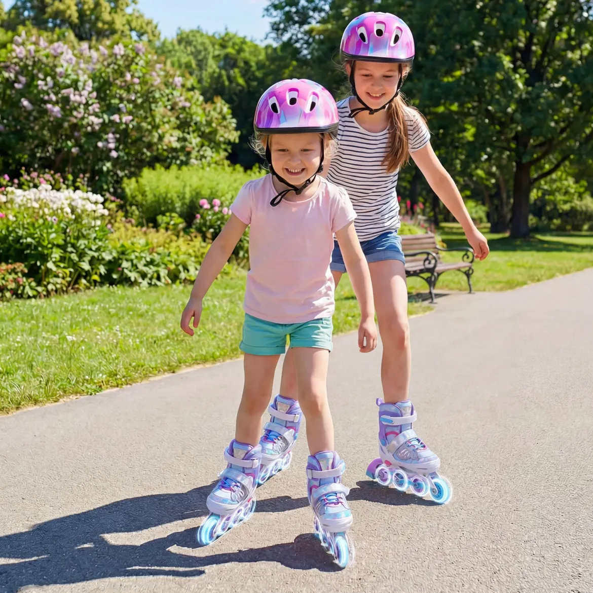 Inliner für Kinder Inline Skates 4 Größen Verstellbar Kinderrollschuhe mit Leuchtenden Rädern Blau/Rosa S/M/L