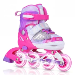 Inliner für Kinder Inline Skates 4 Größen Verstellbar Kinderrollschuhe mit Leuchtenden Rädern Blau/Rosa S/M/L