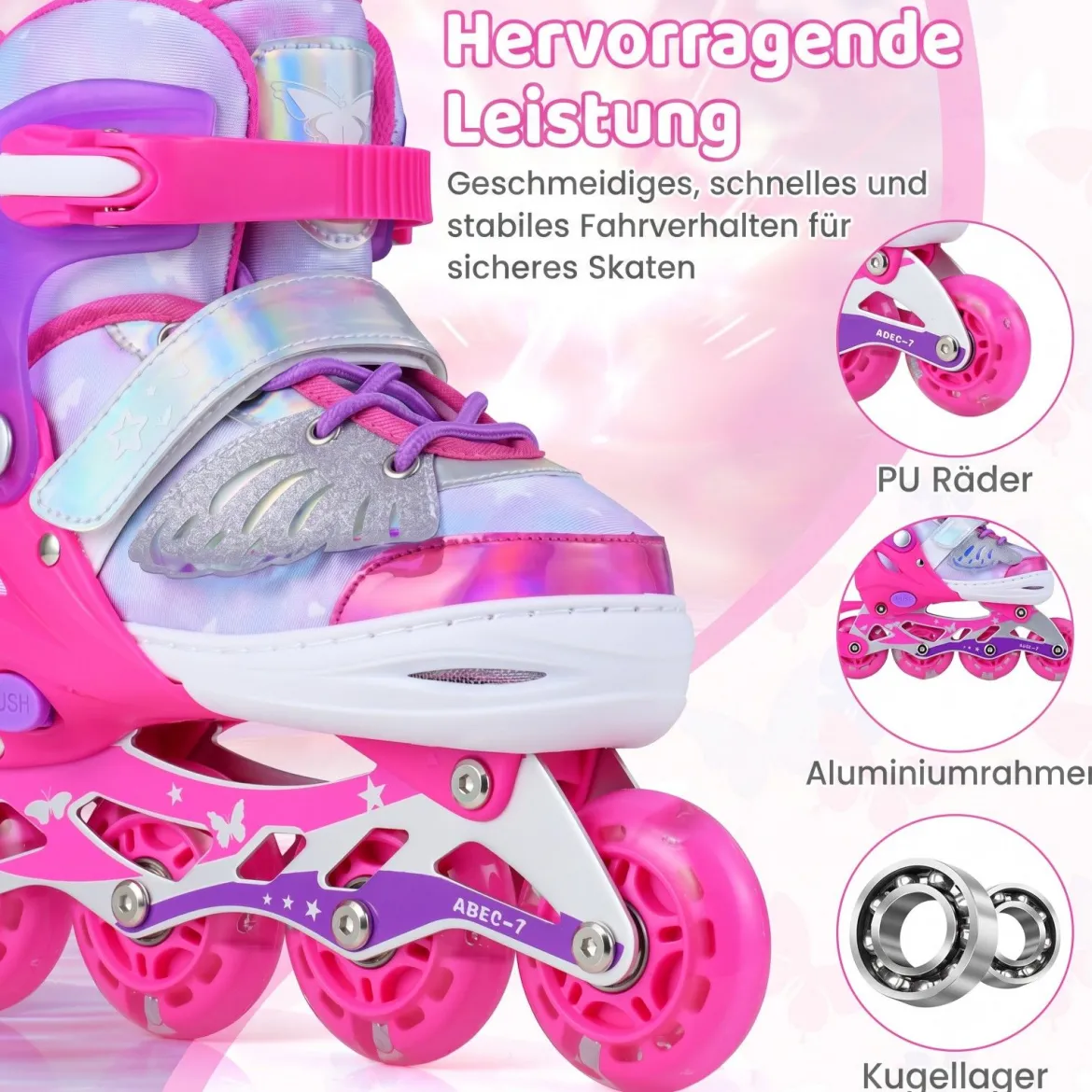 Inliner für Kinder Inline Skates 4 Größen Verstellbar Kinderrollschuhe mit Leuchtenden Rädern Blau/Rosa S/M/L