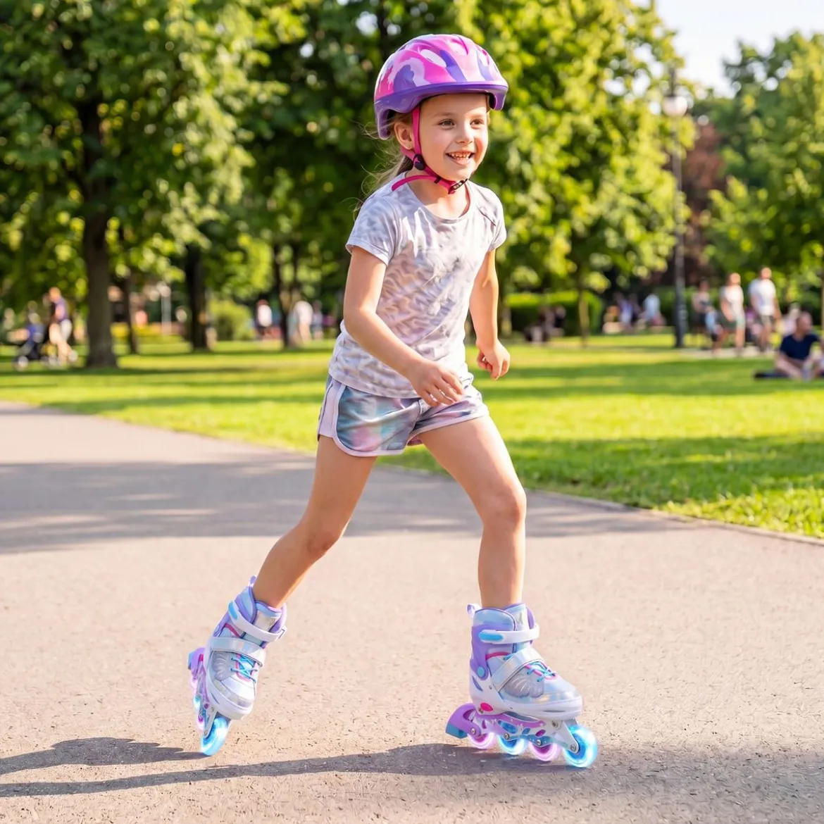 Inliner für Kinder Inline Skates 4 Größen Verstellbar Kinderrollschuhe mit Leuchtenden Rädern Blau/Rosa S/M/L