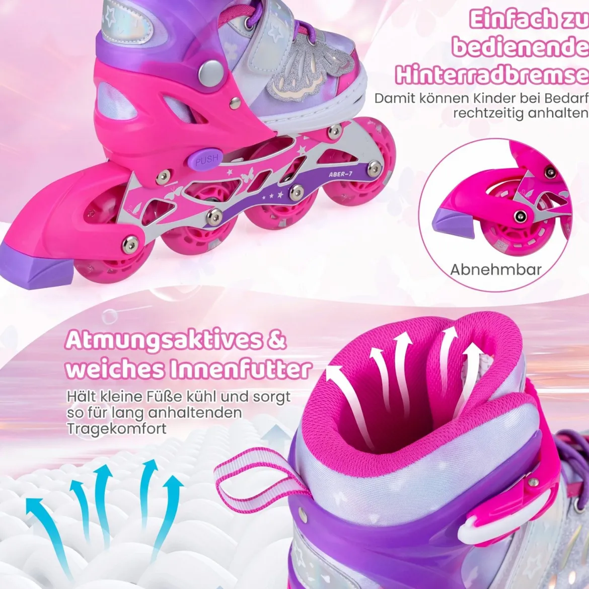 Inliner für Kinder Inline Skates 4 Größen Verstellbar Kinderrollschuhe mit Leuchtenden Rädern Blau/Rosa S/M/L