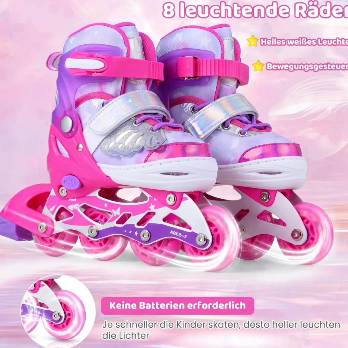 Inliner für Kinder Inline Skates 4 Größen Verstellbar Kinderrollschuhe mit Leuchtenden Rädern Blau/Rosa S/M/L