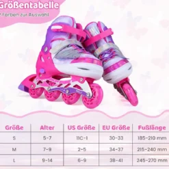 Inliner für Kinder Inline Skates 4 Größen Verstellbar Kinderrollschuhe mit Leuchtenden Rädern Blau/Rosa S/M/L